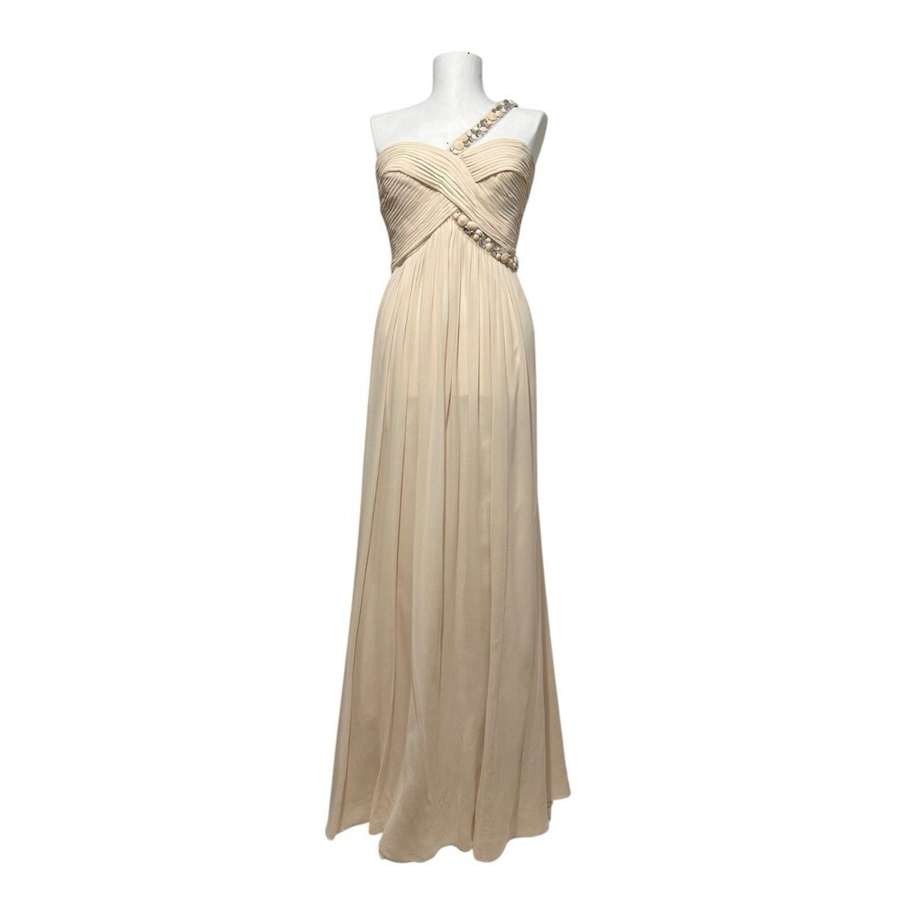 $528 BCBG Silk Shell Pleated Chiffon V-Neckline One Strapped Dress Gown Coral